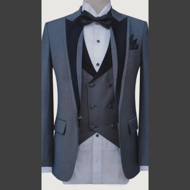 
                  
                    Load and play video in Gallery viewer, Gray tuxedo 3 piece suit with contrast black velvet shawl
                  
                