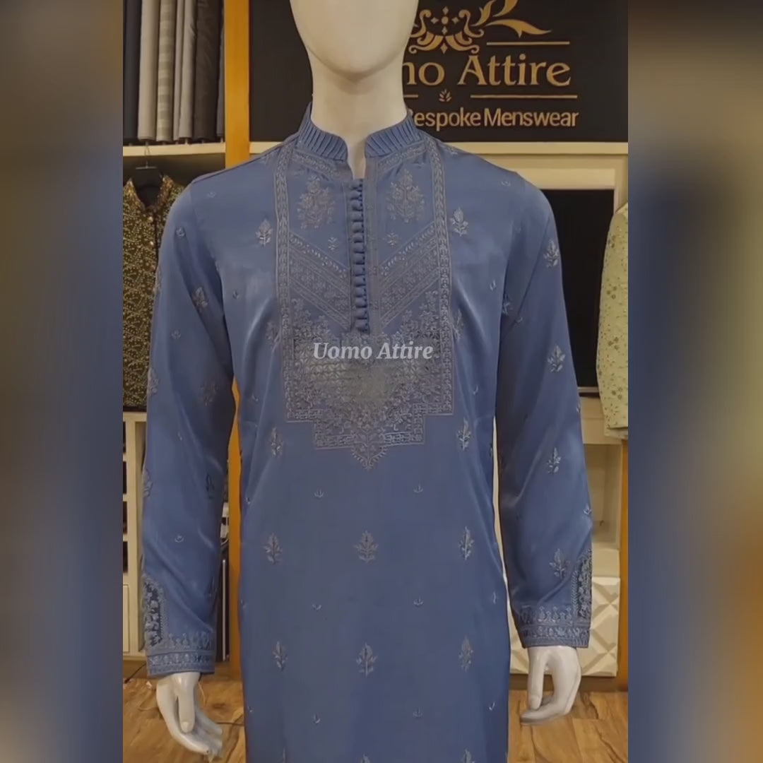 Hand Embellished Sky Blue Designer Kurta Pajama