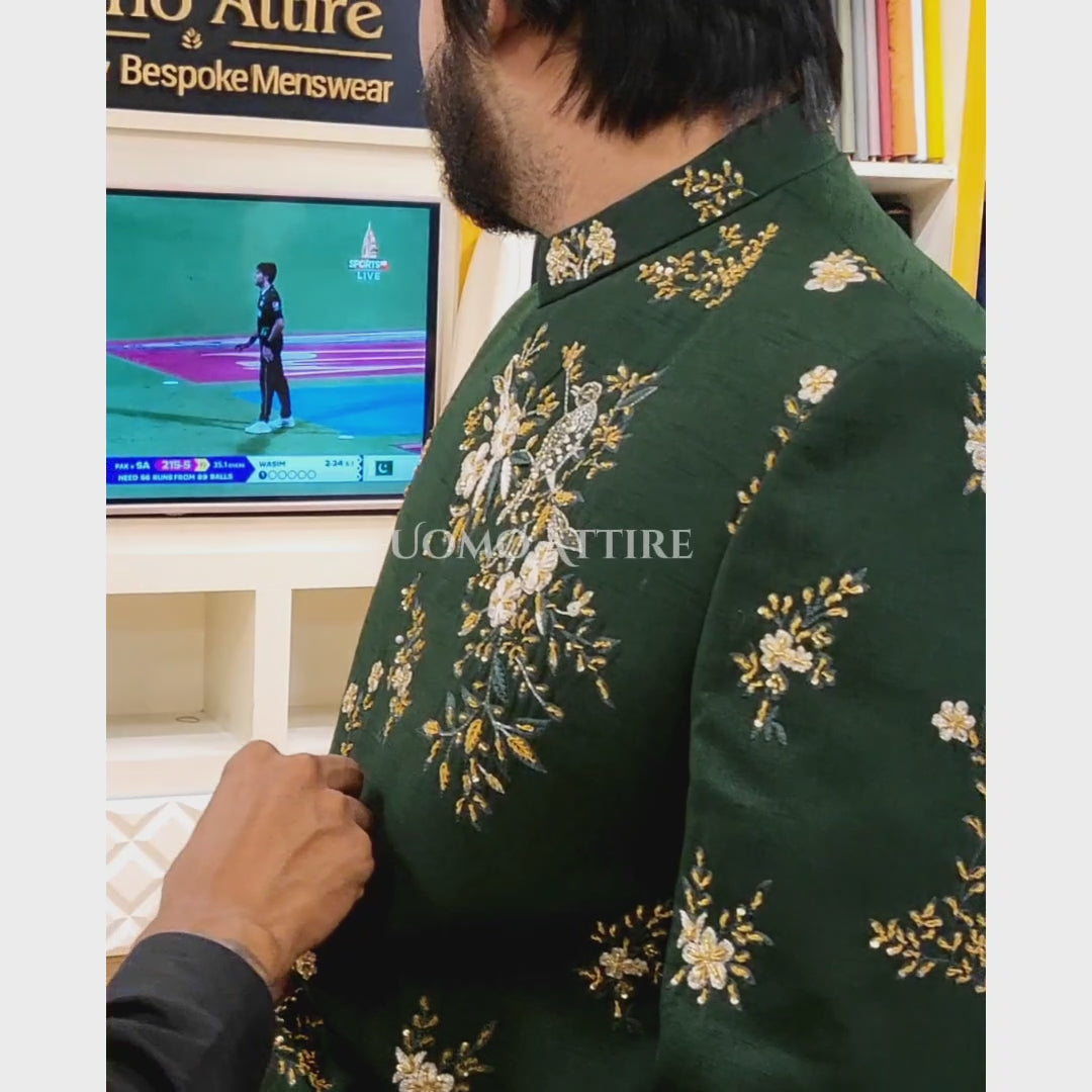 
                  
                    Load and play video in Gallery viewer, Bottle Green Hand Embellished Prince Coat for Groom
                  
                