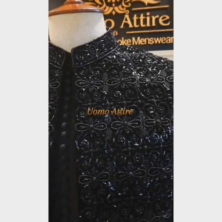 Jet Black Customized Open Front Fully Hand-Embellished Sherwani for Groom