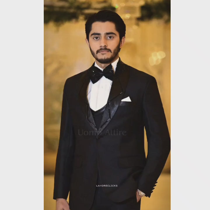 Luxury Italian Black Tuxedo with Embellished Shawl Lapel and Double-Breasted Waistcoat