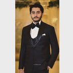 Luxury Italian Black Tuxedo with Embellished Shawl Lapel and Double-Breasted Waistcoat