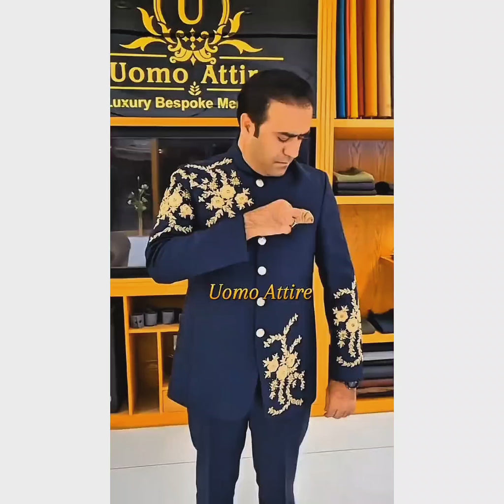 Men's Luxury Navy Blue Embroidered 2-Piece Prince Coat for Wedding