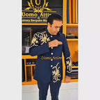 Men's Luxury Navy Blue Embroidered 2-Piece Prince Coat for Wedding