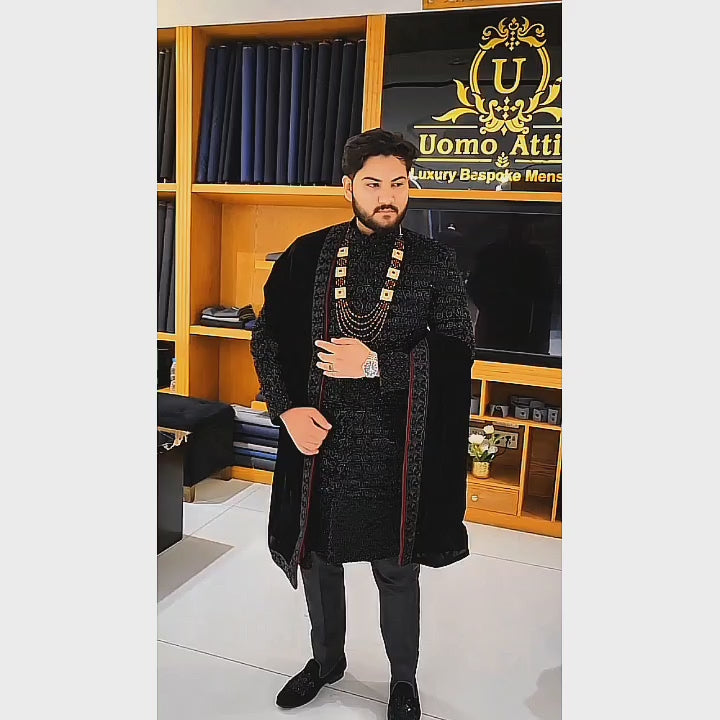 
                  
                    Load and play video in Gallery viewer, Men&amp;#39;s Luxury Black Embroidered Sherwani for Groom
                  
                