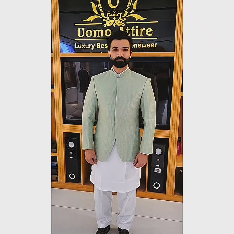 Men's Luxury Mint Green Embroidered Prince Coat with White Kurta Pajama