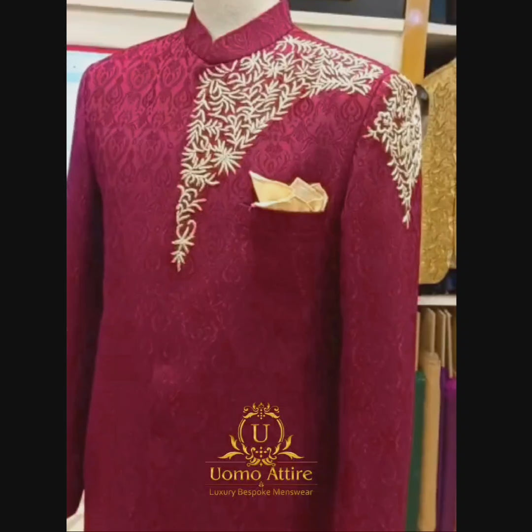 
                  
                    Load and play video in Gallery viewer, Self motif jamawar maroon prince coat | Prince Coat
                  
                