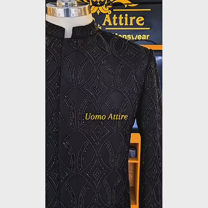 
                  
                    Load and play video in Gallery viewer, Men&amp;#39;s Luxury Black Crystal-Embroidered Sherwani with Groom Turban &amp;amp; Mala
                  
                