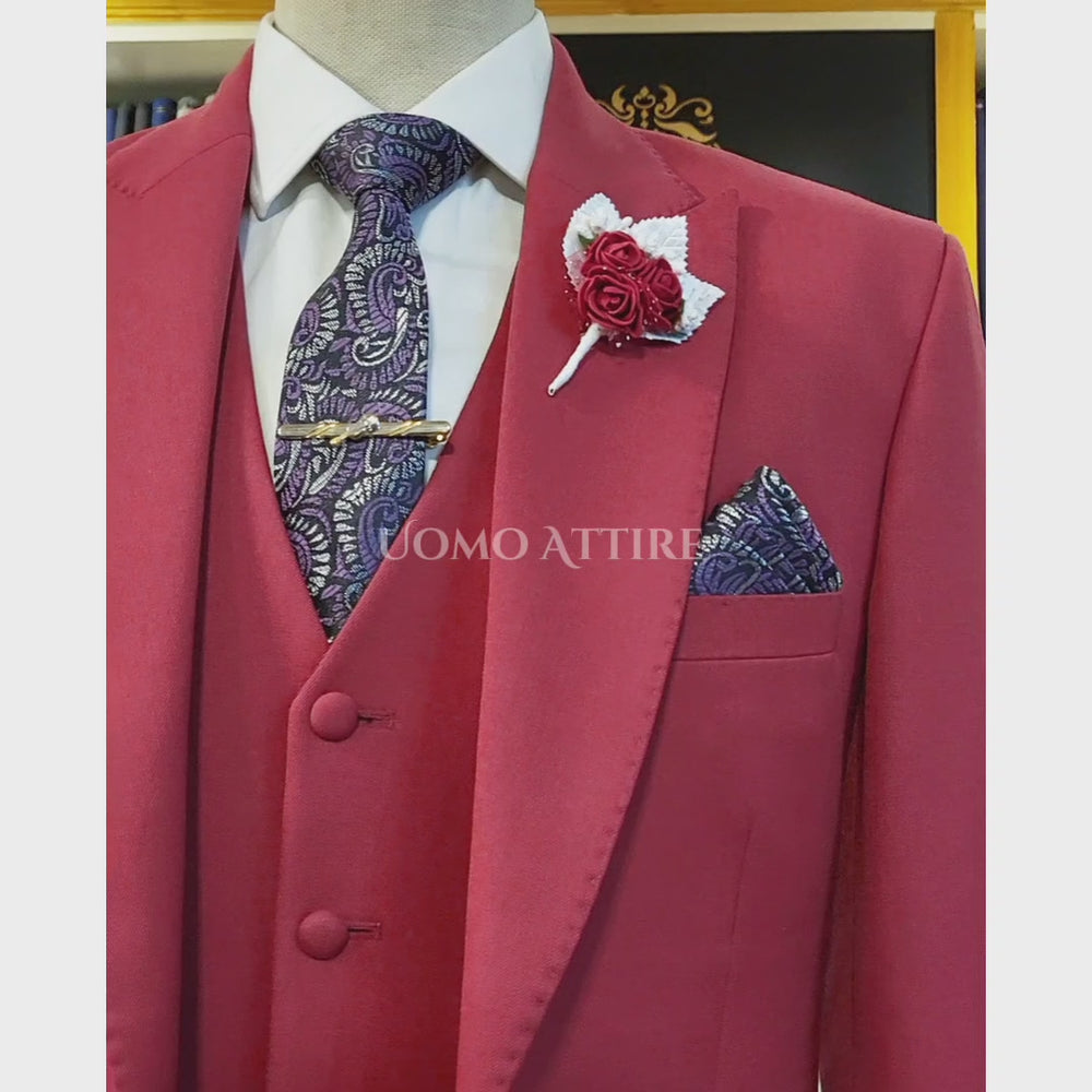 
                  
                    Load and play video in Gallery viewer, Bespoke Wine Red Men&amp;#39;s Wedding Suit For Groom - 3 Piece Suit
                  
                