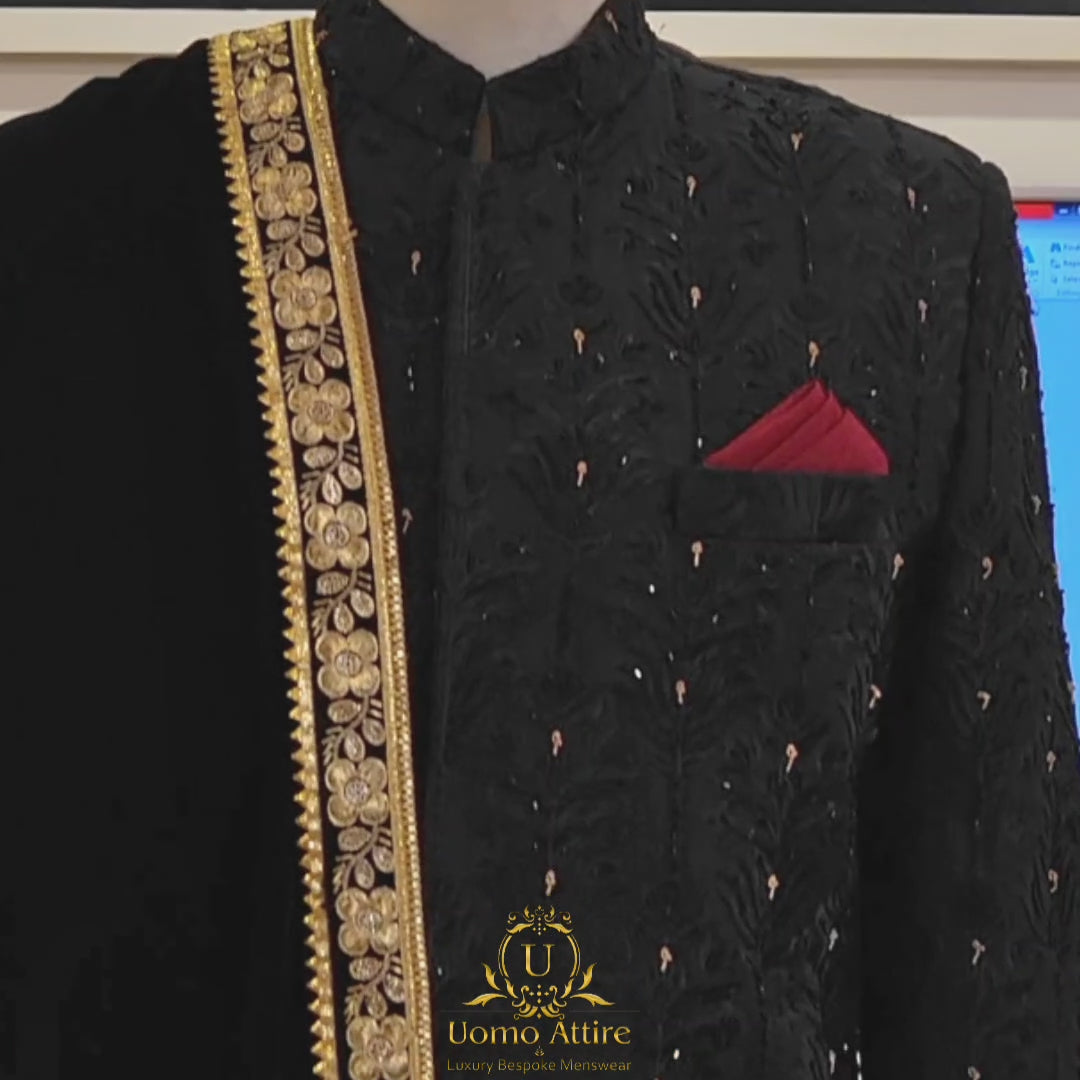 
                  
                    Load and play video in Gallery viewer, Black fully embroidred sherwani for groom | Black sherwani for groom
                  
                