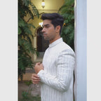 Luxurious White Sherwani for Groom with Silver Embellishments – Elegant Traditional Attire