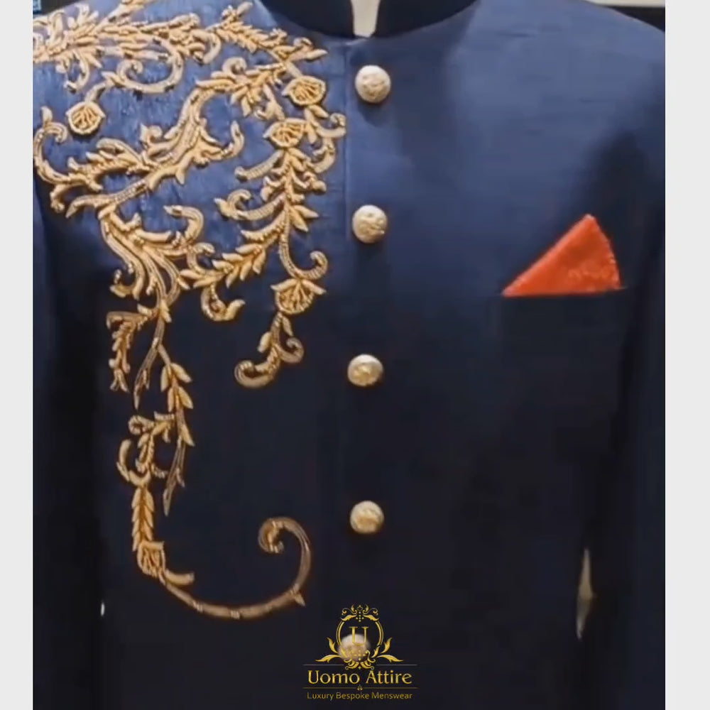 
                  
                    Load and play video in Gallery viewer, Self textured navy blue customized prince coat
                  
                