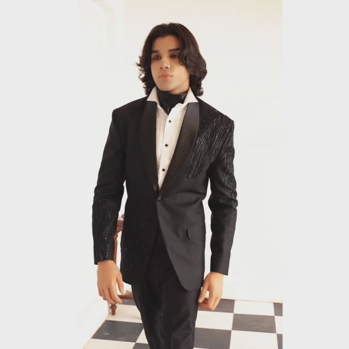 Luxury Black Tuxedo for Men | Elegant Embellished Suit with Shirt & Belt