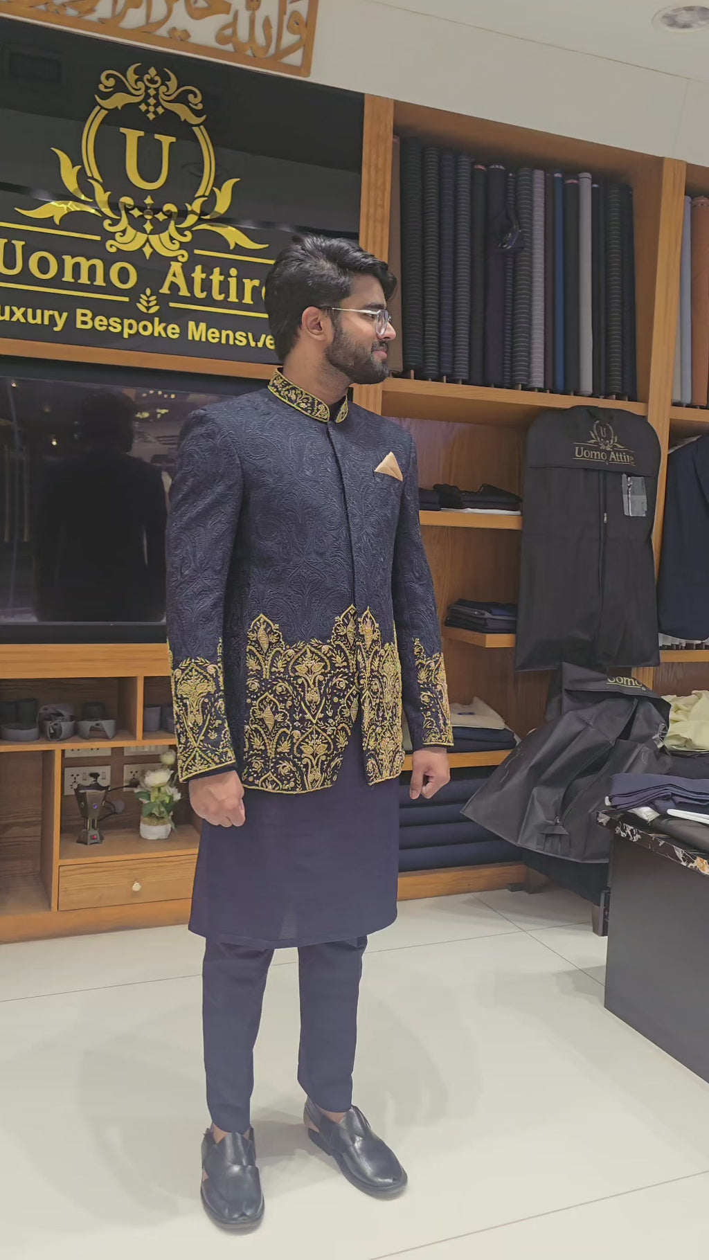 Luxury Midnight Navy Blue Jodhpuri Prince Coat with Gold Jewellery-Inspired Embellishment Worn By MR TALHA SHAHID | Premium Royal Groom Wear – Uomo Attire