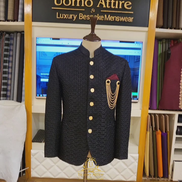 Black fully embroidered prince coat design for men | Black prince coat design for groom