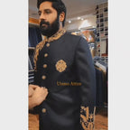 Luxury Black Sherwani for Groom with Golden Floral Embroidery