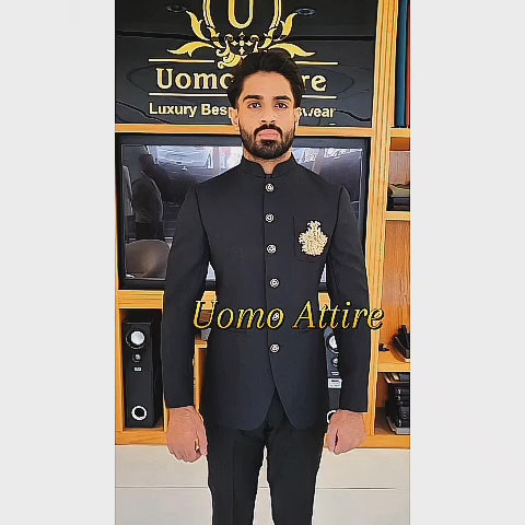 Men's Luxury Black Bandhgala Prince Coat 2-Piece Suit For Premium Groom