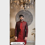 Elegant Mroon Self Jamawar Prince Coat with Embroidered Kurta Pajama