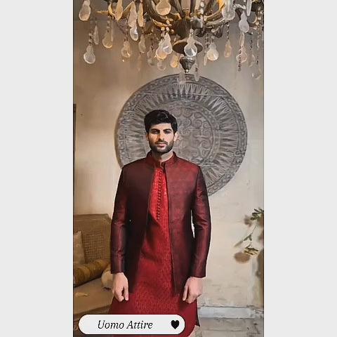 Elegant Mroon Self Jamawar Prince Coat with Embroidered Kurta Pajama