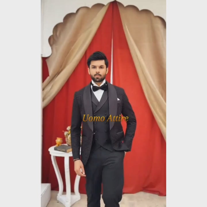 Luxurious Embroidered Black Tuxedo Double-Breasted Waistcoat For Mens