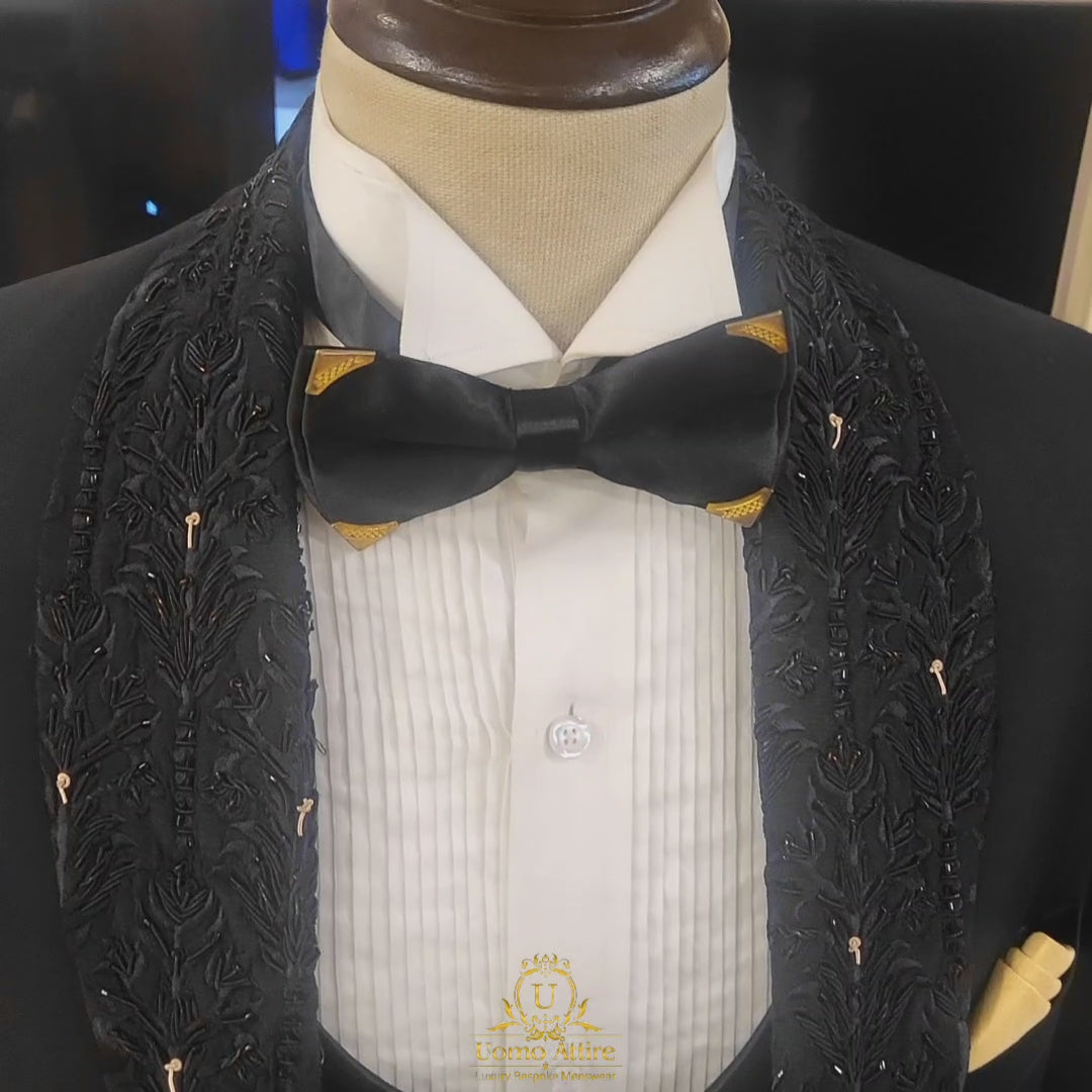 Men's black tuxedo 3 piece suit with embellished shawl and U-Shaped vest