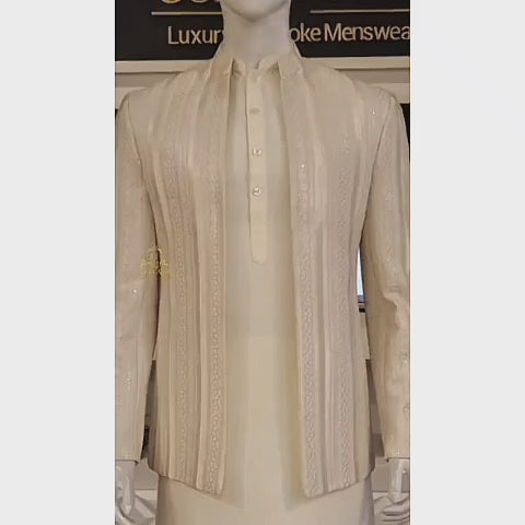 Ivory Embroidered Open Front Prince Coat with White Kurta Set