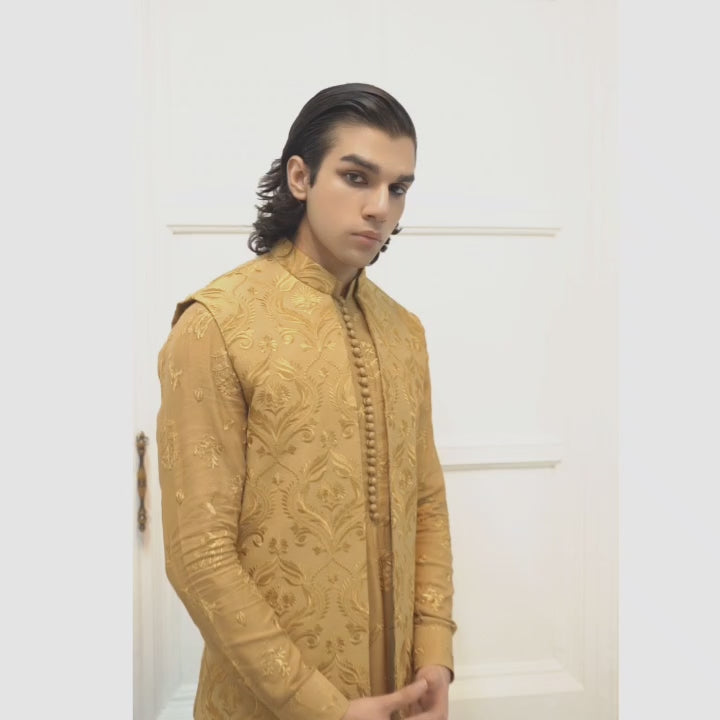 Luxury Embroidered Flower Pattern Open Front Waistcoat with Kurta Pajama Set