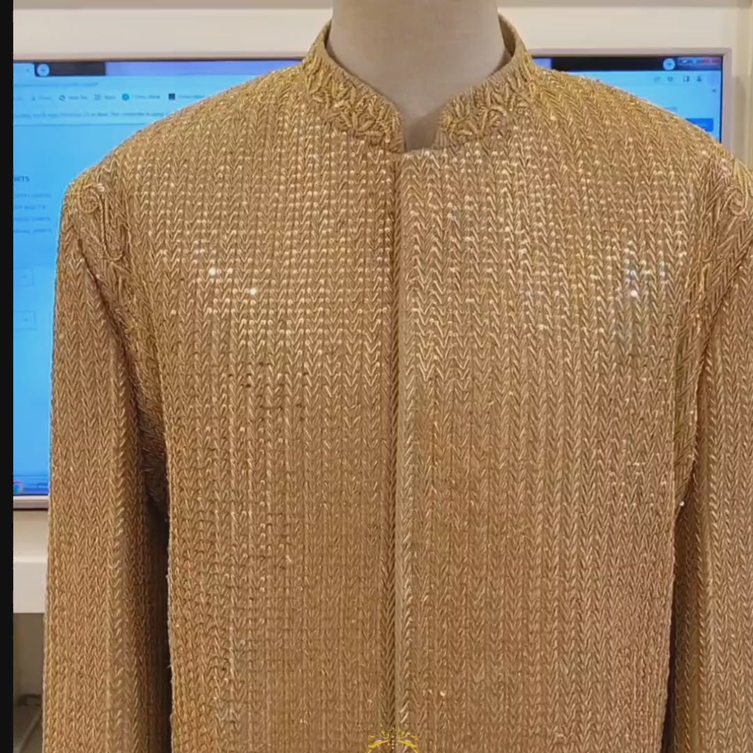 
                  
                    Load and play video in Gallery viewer, Groom wear golden sherwani for wedding with same khussa | Sherwani for men
                  
                