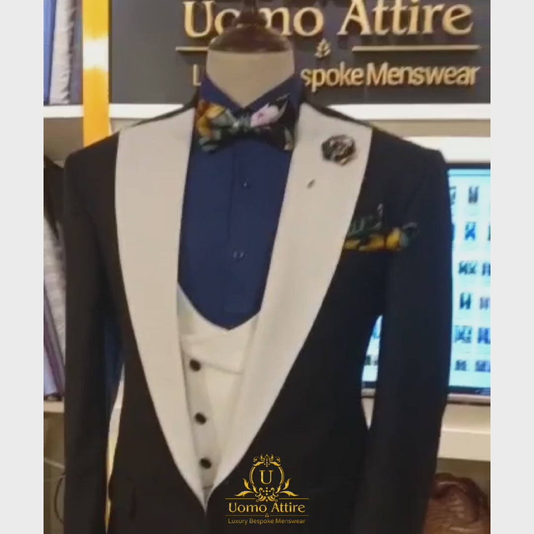 Black and white slim fit tuxedo three piece suit | Black Tuxedo Suit