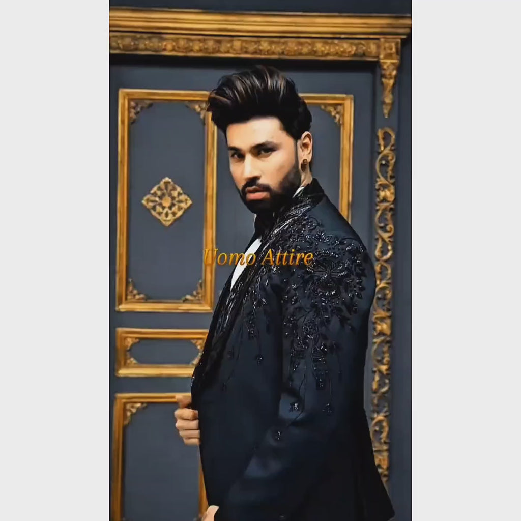 Luxury Black Hand-Embellished Designer Tuxedo Suit for Men
