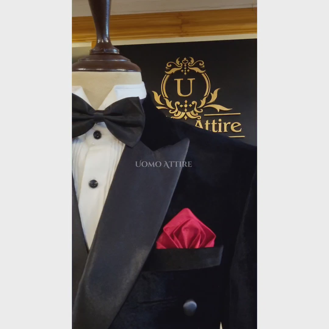 
                  
                    Load and play video in Gallery viewer, Black Velvet Double Breasted Tuxedo Suit for Men | Velvet Tuxedo Suit
                  
                