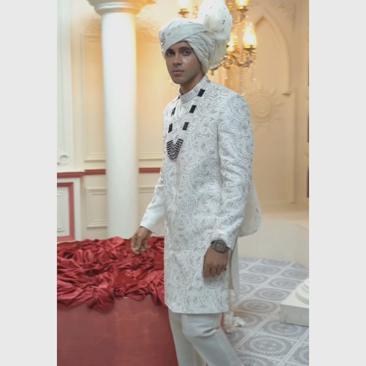 Elegant White Sherwani for Groom | Intricate Embroidery with Bead and Sequin Embellishments