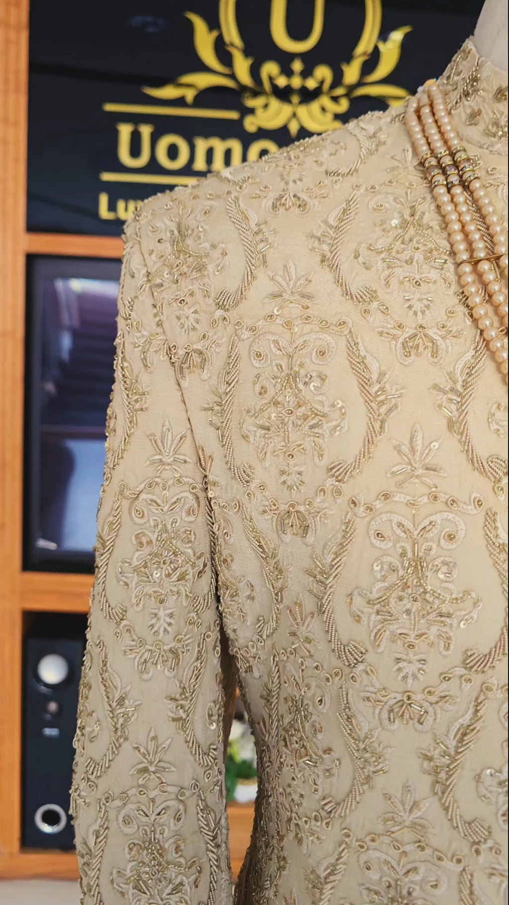 Luxury Light Golden Embroidered Sherwani with Hand Embellishment for Groom