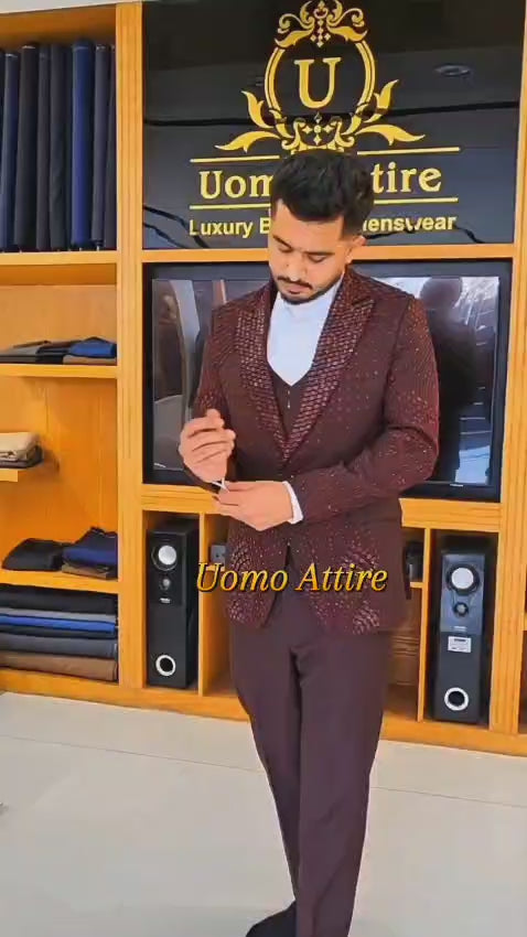 
                  
                    Load and play video in Gallery viewer, Men&amp;#39;s Luxury Maroon Embellished 3-Piece Tuxedo Suit
                  
                