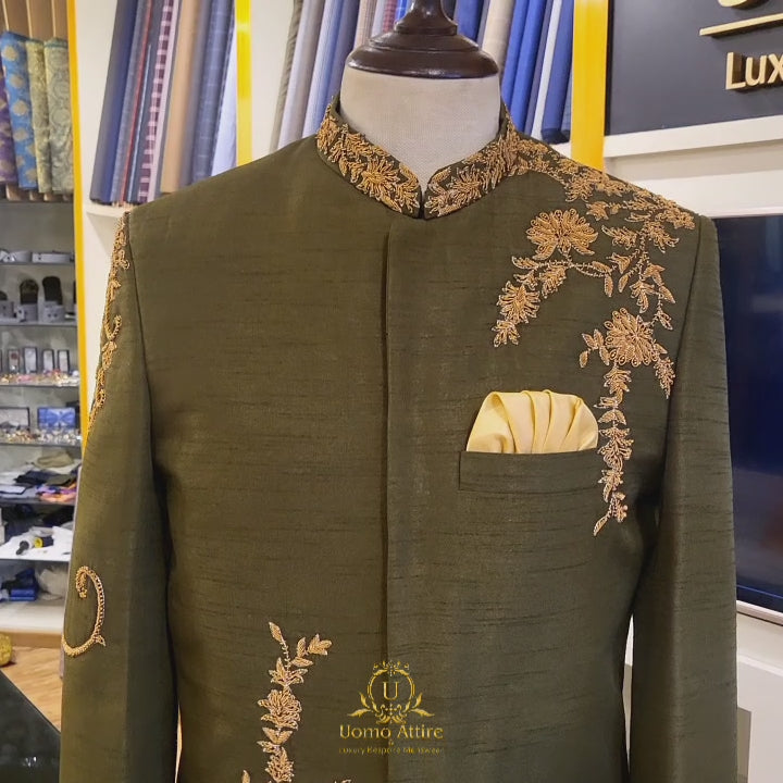 
                  
                    Load and play video in Gallery viewer, Custom-tailored embellished prince coat for men | Deep green prince coat for mehndi
                  
                