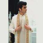 Luxury White Open-Front Sherwani with Embellished Borders and Kurta Pajama Set