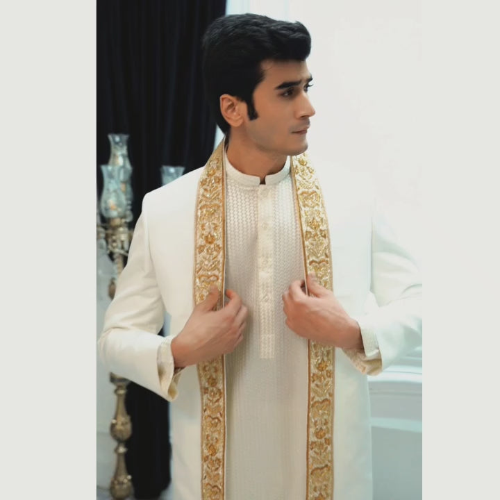Luxury White Open-Front Sherwani with Embellished Borders and Kurta Pajama Set
