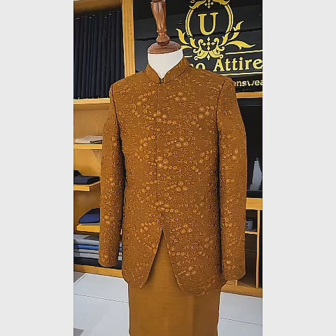 Men's Luxury Mustard Gold Embroidered Prince Coat with Matching Kurta Pajama