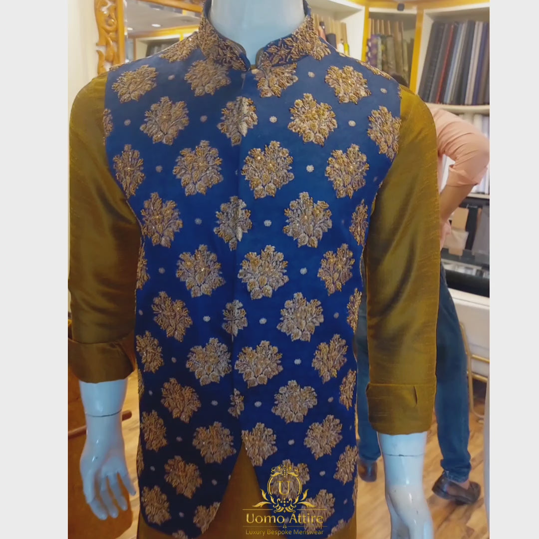 
                  
                    Load and play video in Gallery viewer, Luxury waistcoat with golden micro embellishment | Waistcoat for Mehndi | Waistcoat with Kurta Pajama
                  
                