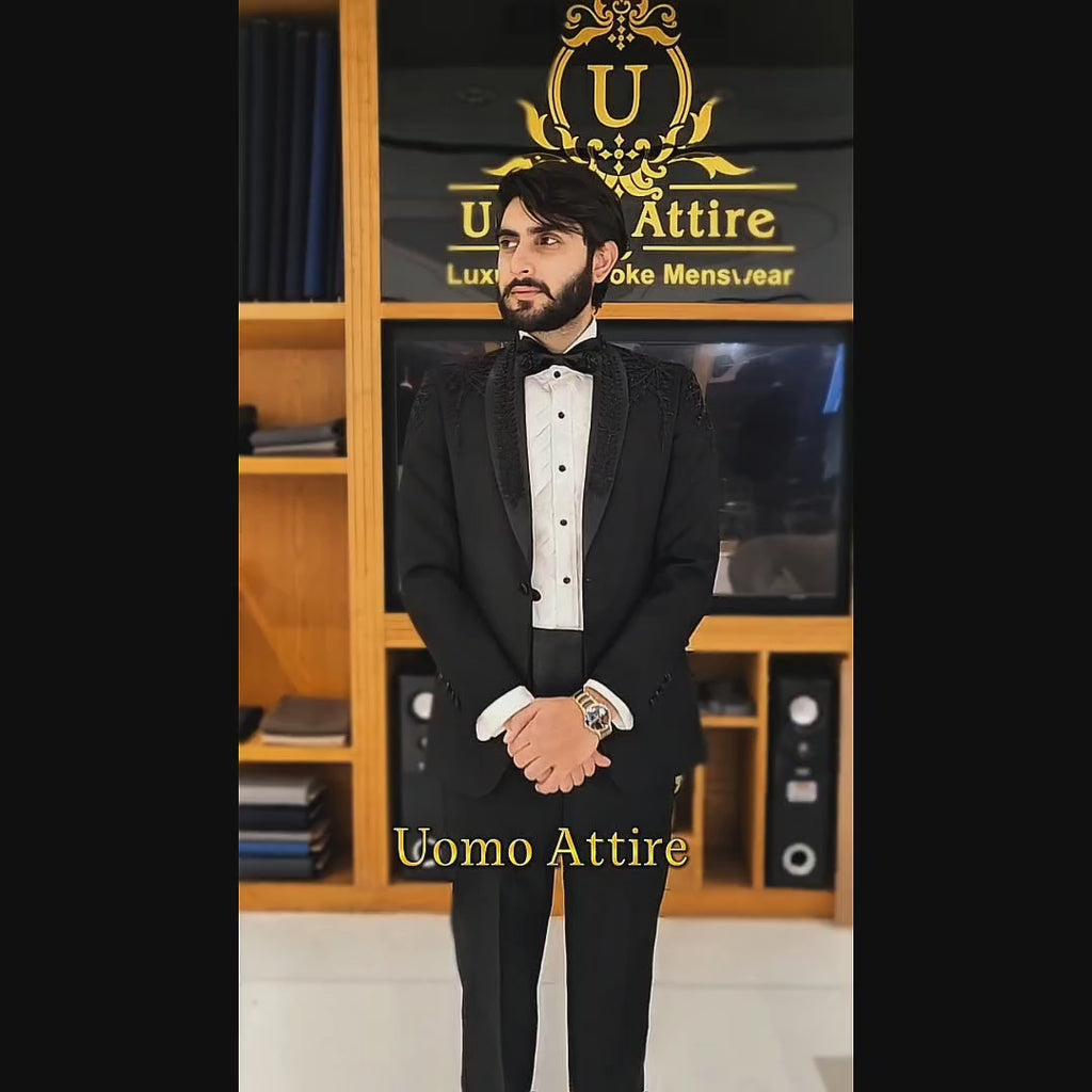 Men's Luxury Black Tuxedo 2-Piece Suit with Belt