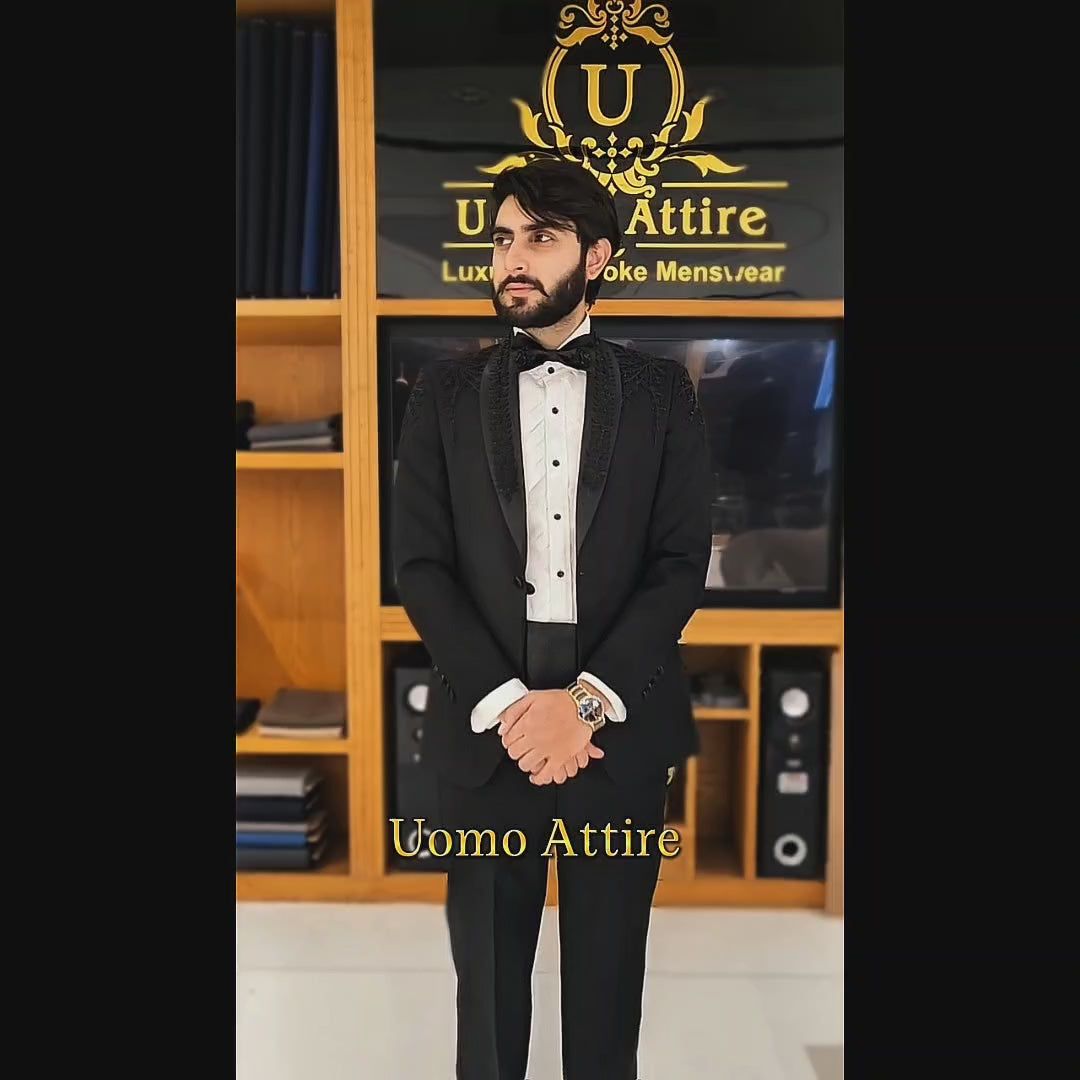 Men's Luxury Black Tuxedo 2-Piece Suit with Belt
