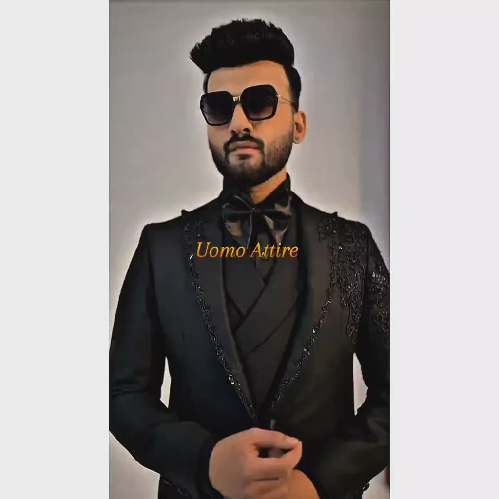 Men's Luxury Black Embellished 3-Piece Tuxedo with Hand-Beaded Lapel & Shoulders