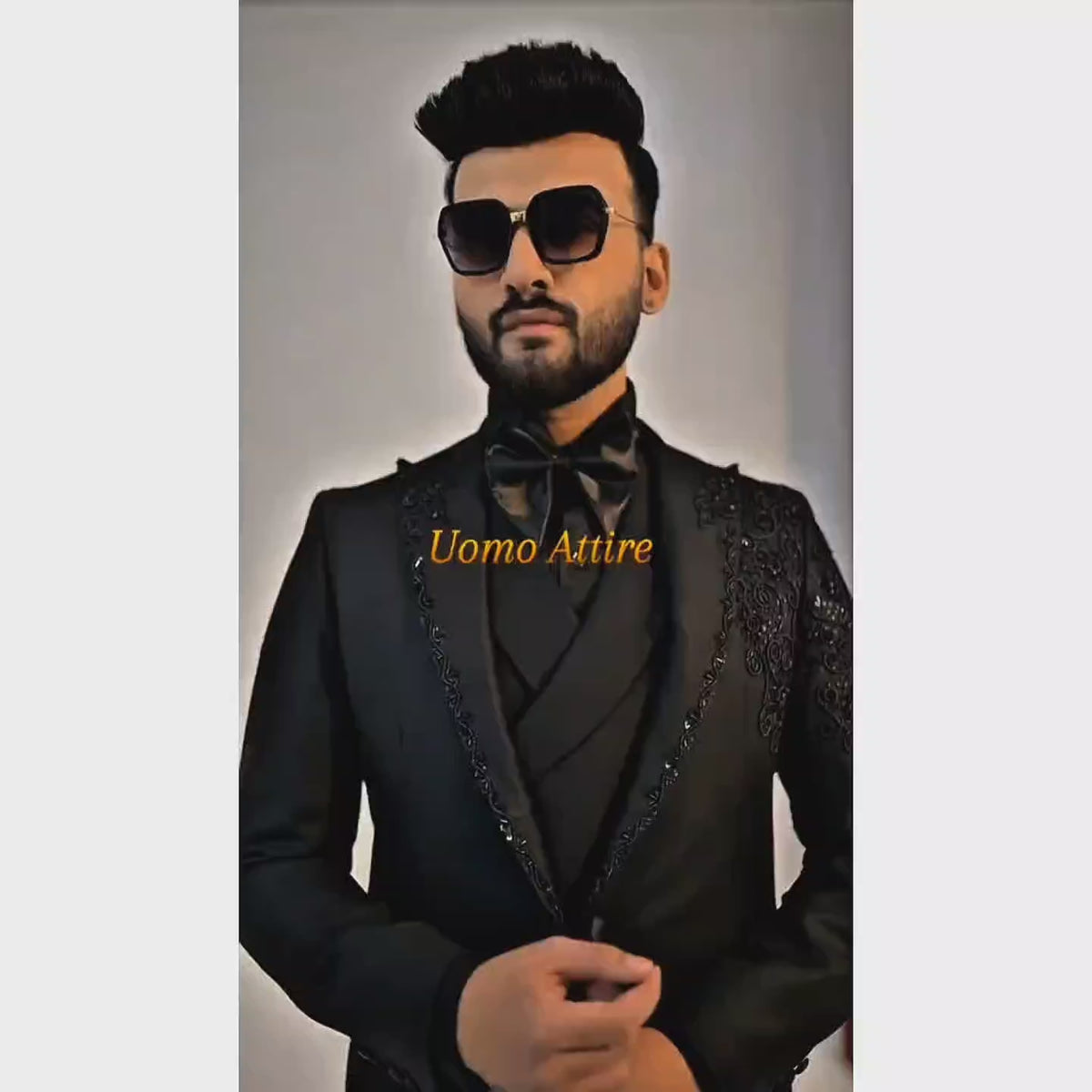 Men's Luxury Black Embellished 3-Piece Tuxedo with Hand-Beaded Lapel & Shoulders