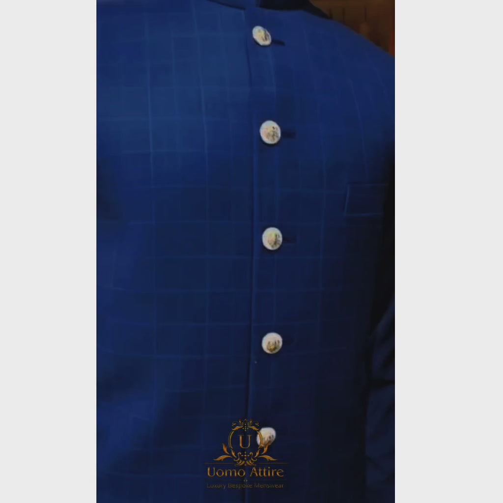 Men's Blue Check Waistcoat with Kurta Pajama