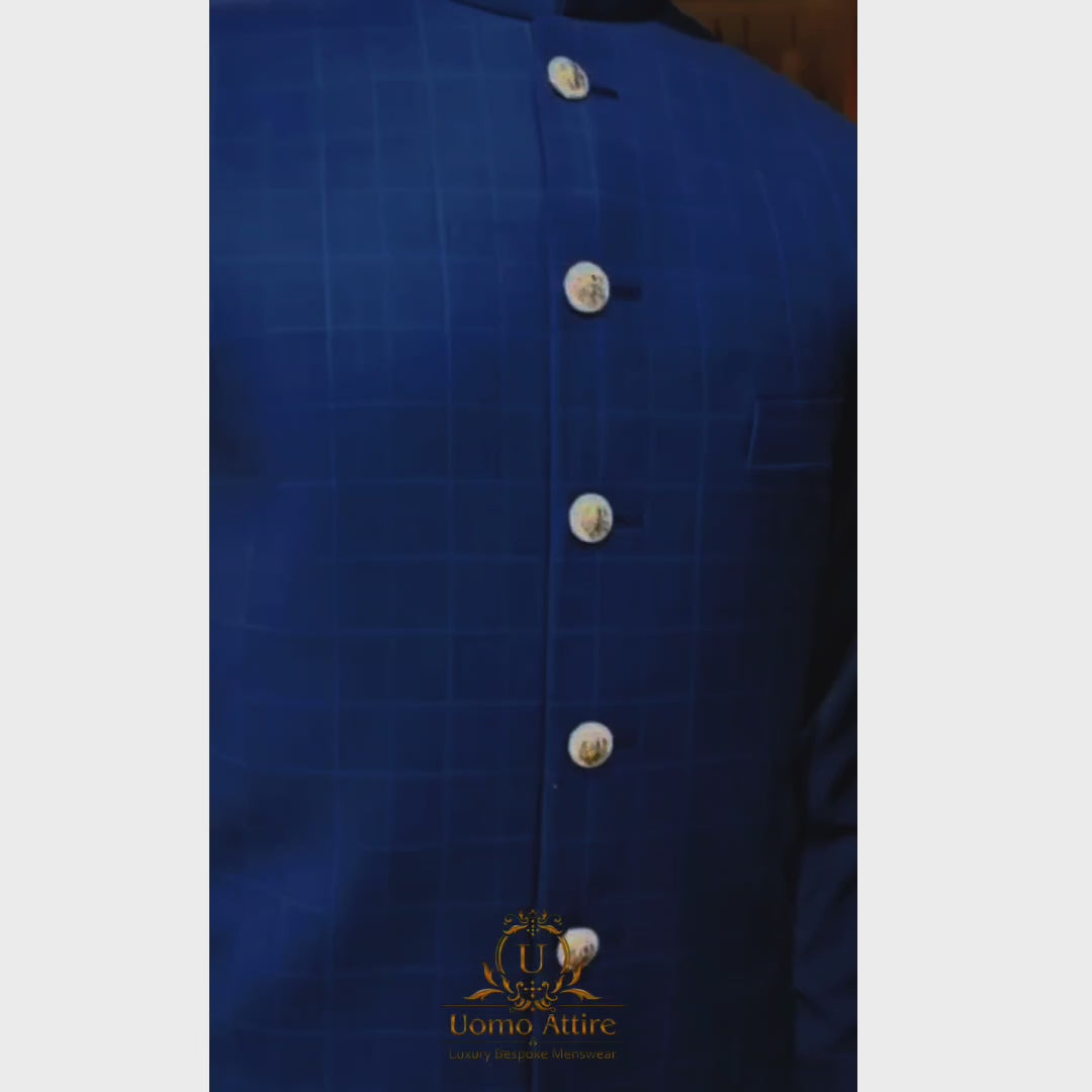 Men's Blue Check Waistcoat with Kurta Pajama