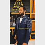 Men's Luxury Navy Blue Embroidered 3-Piece Tuxedo Suit with Black Tie