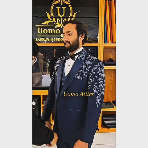 Men's Luxury Navy Blue Embroidered 3-Piece Tuxedo Suit with Black Tie
