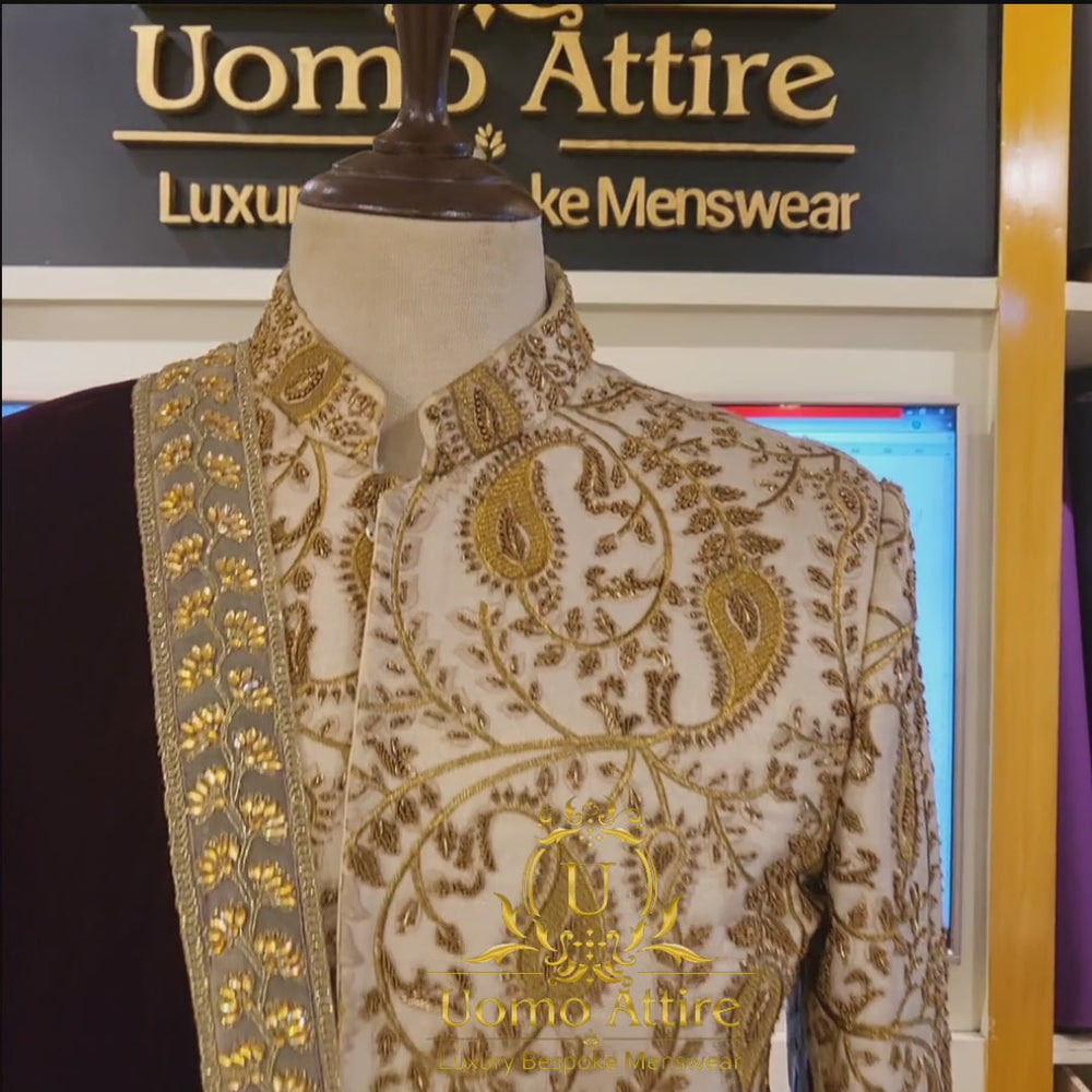 
                  
                    Load and play video in Gallery viewer, Golden sherwani pack with latest embroidered work for groom | Wedding Outfit for Men
                  
                