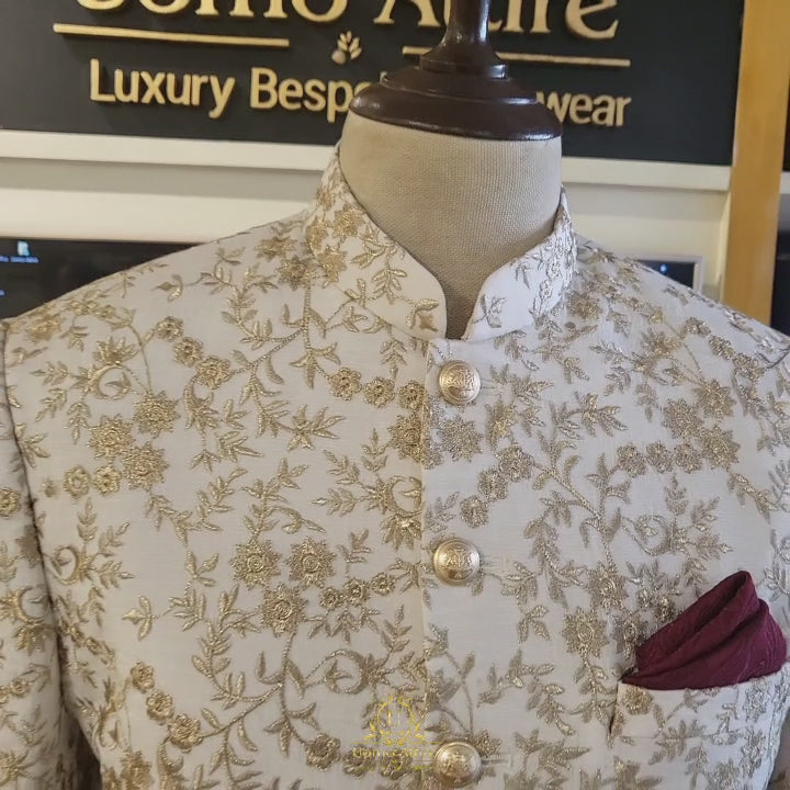 Luxurious fully embroidered prince coat with golden brass buttons | Prince coat design in Pakistan