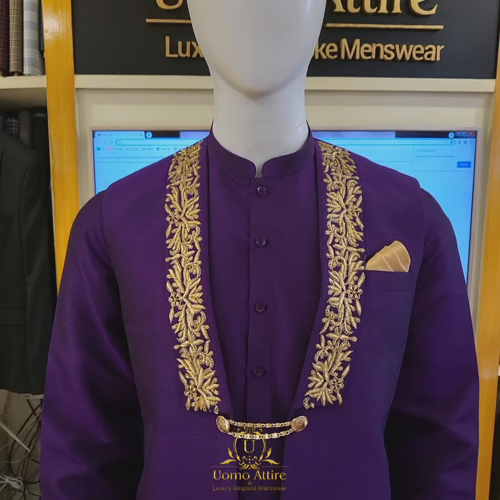 Plum color waistcoat with same kurta pajama and same fabric khussa video